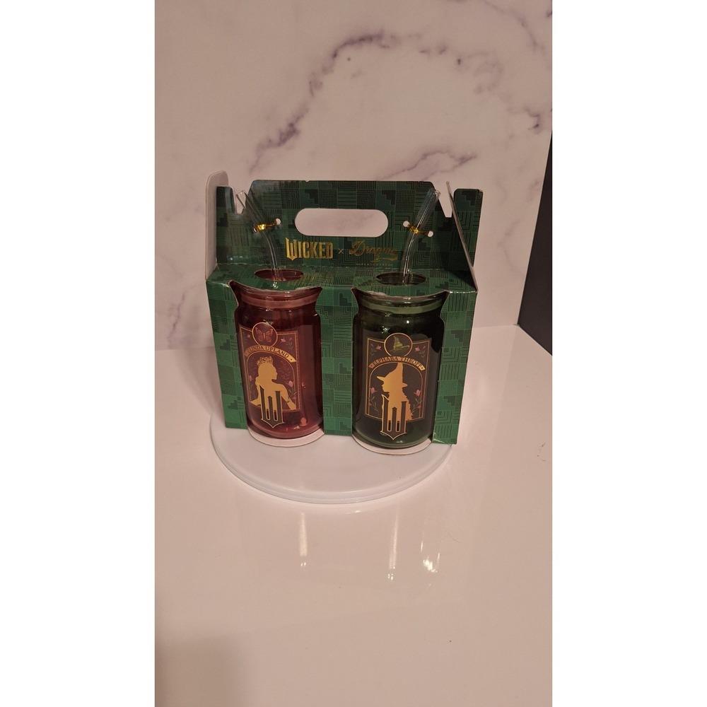 Wicked Dragon Glinda And Elphaba Drinking Glass Set With Lid And Straw BRAND NEW